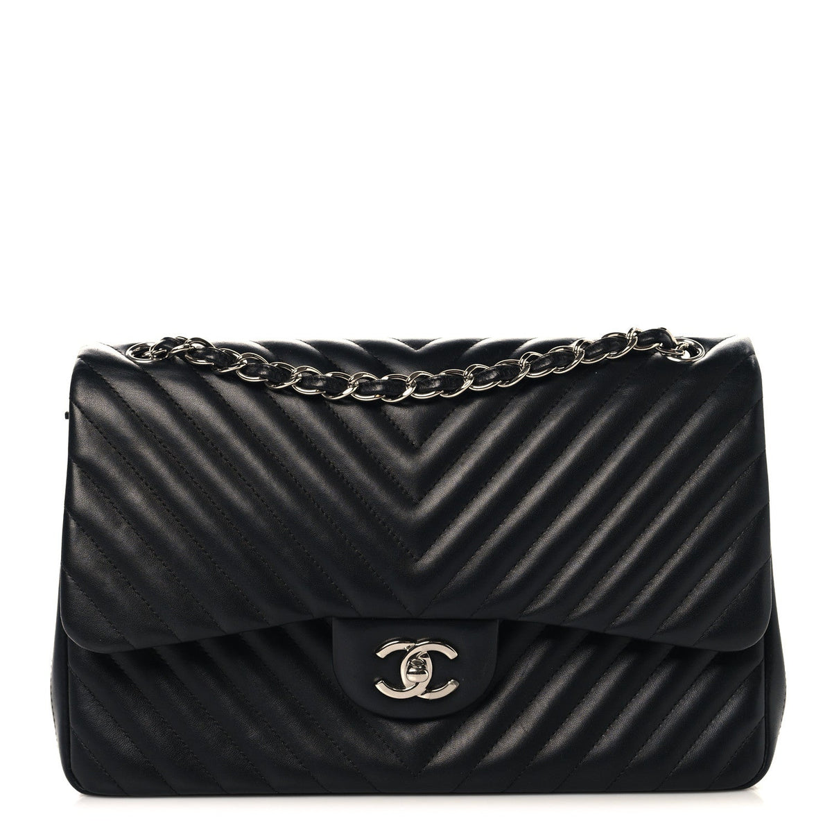 Lambskin Chevron Quilted Jumbo Double Flap Black At My store