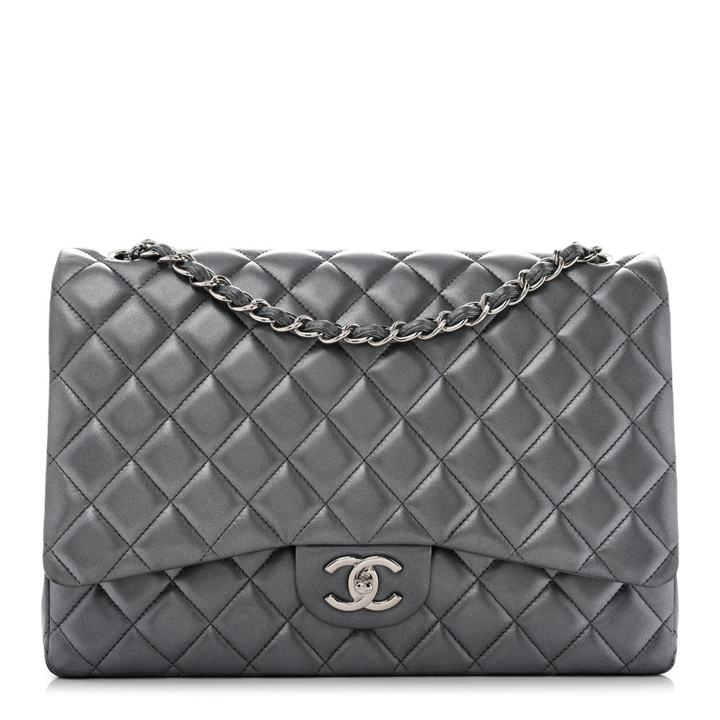 Metallic Lambskin Quilted Maxi Double Flap Pewter At My store