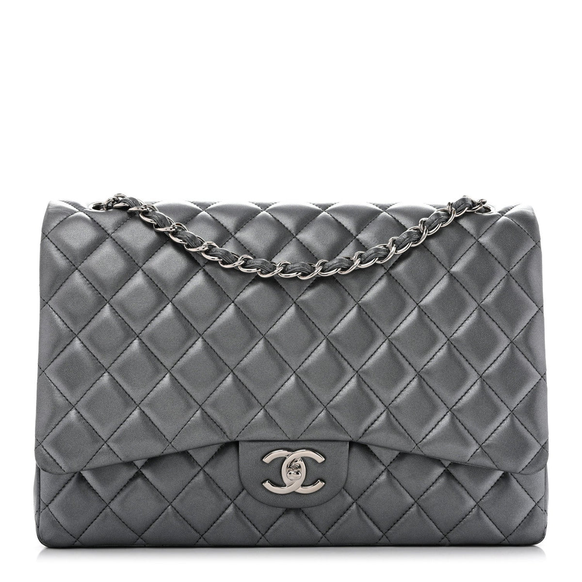 Metallic Lambskin Quilted Maxi Double Flap Pewter At My store