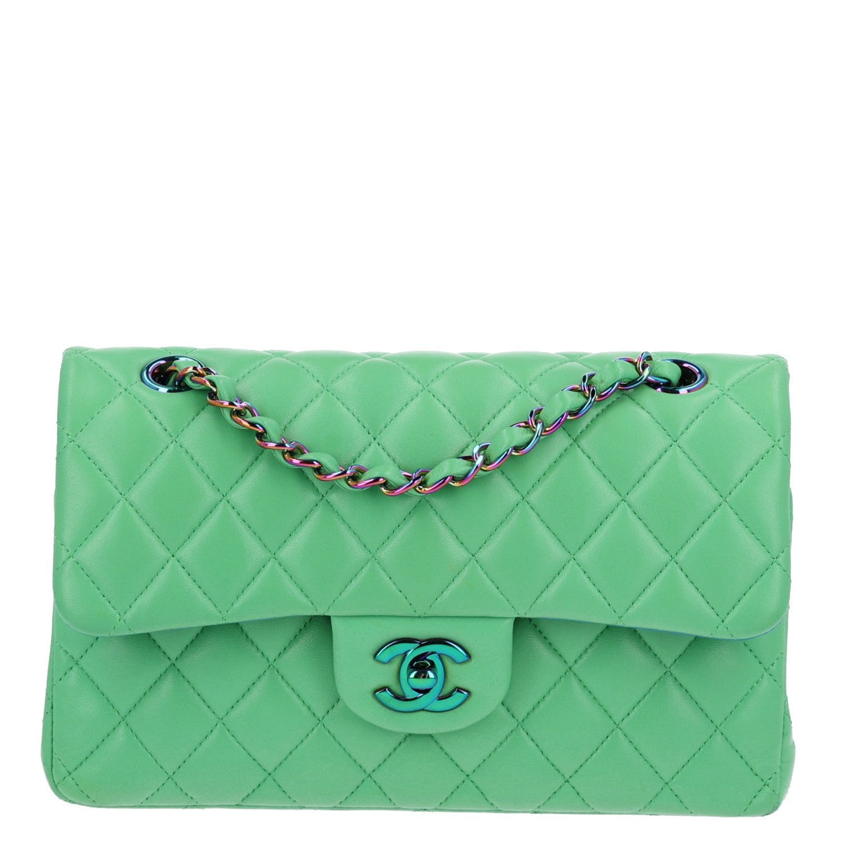 Lambskin Quilted Small Double Flap Green Blue At My store