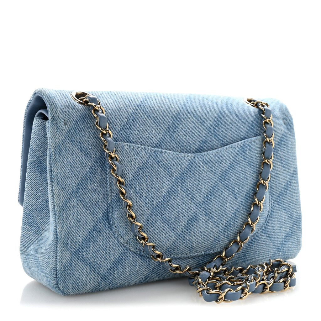Printed Denim Quilted Medium Double Flap Light Blue At My store
