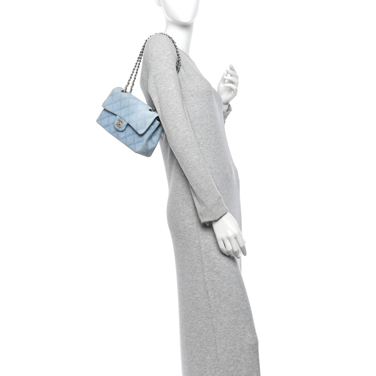 Printed Denim Quilted Small Double Flap Light Blue At My store