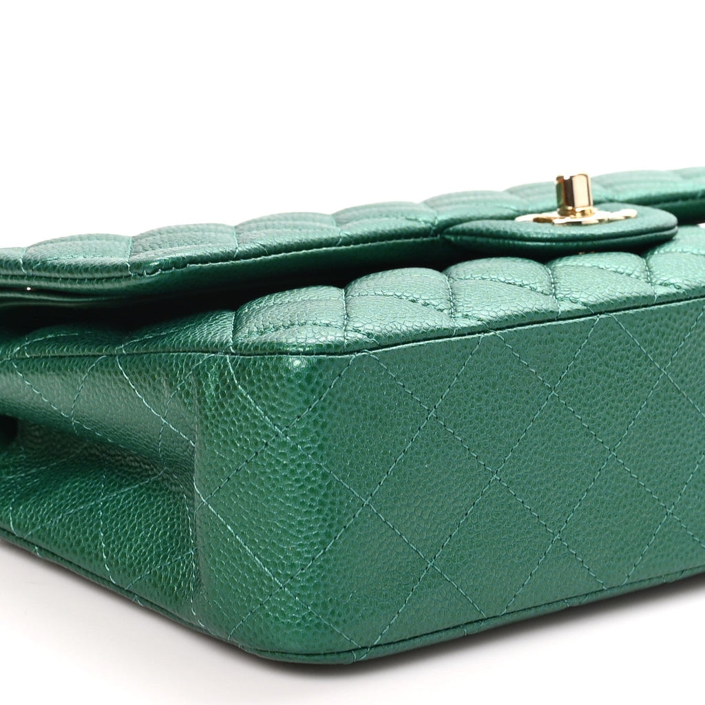 Metallic Caviar Quilted Medium Double Flap Green At My store