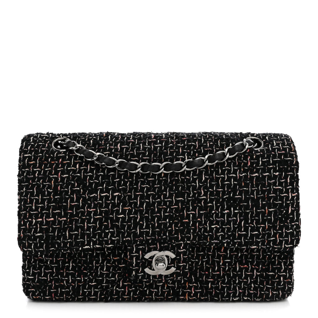 Tweed Quilted Medium Double Flap Black At My store