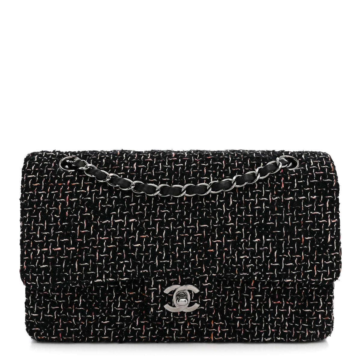 Tweed Quilted Medium Double Flap Black At My store
