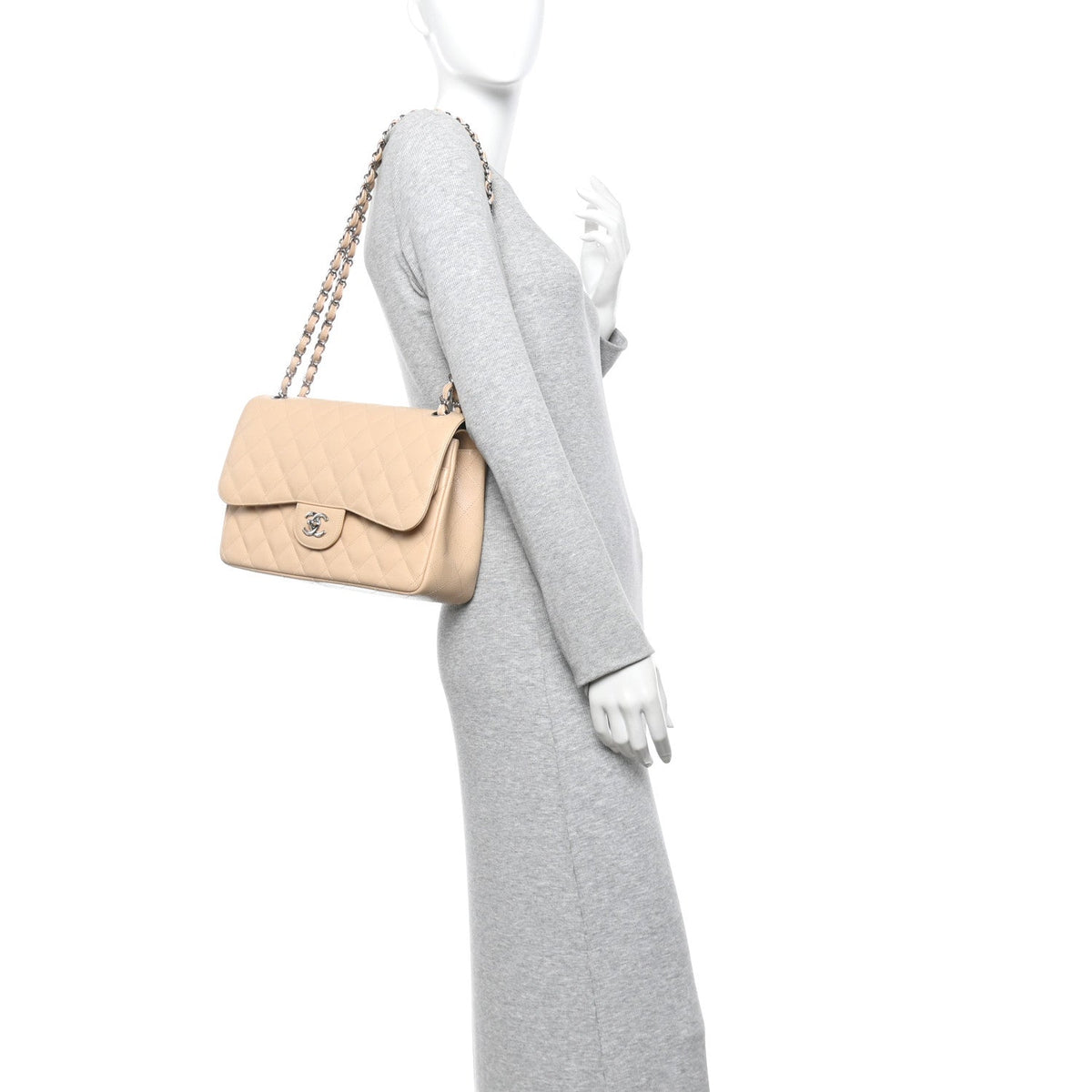 Caviar Quilted Jumbo Double Flap Light Beige At My store