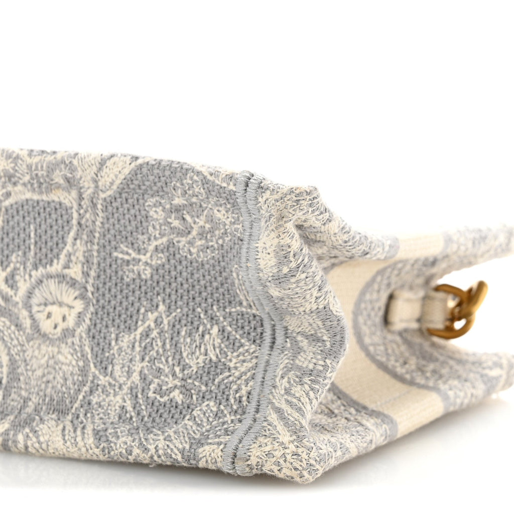 Canvas Embroidered Toile De Jouy Reverse Mini Book Tote With Strap Grey AT My store