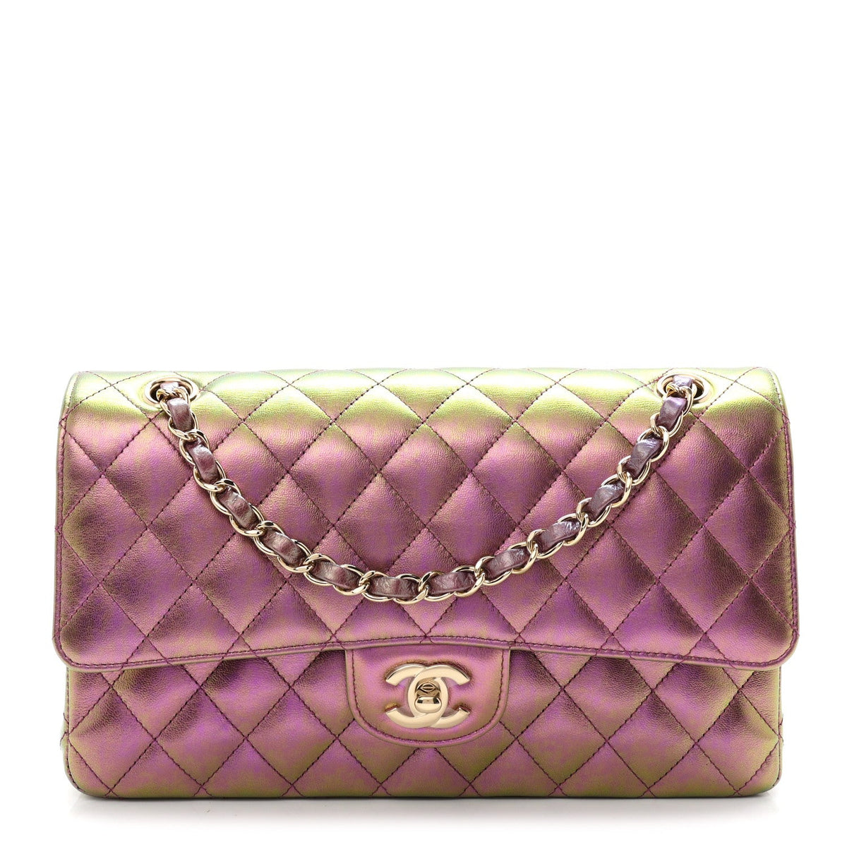 Iridescent Lambskin Quilted Medium Double Flap Purple At My store