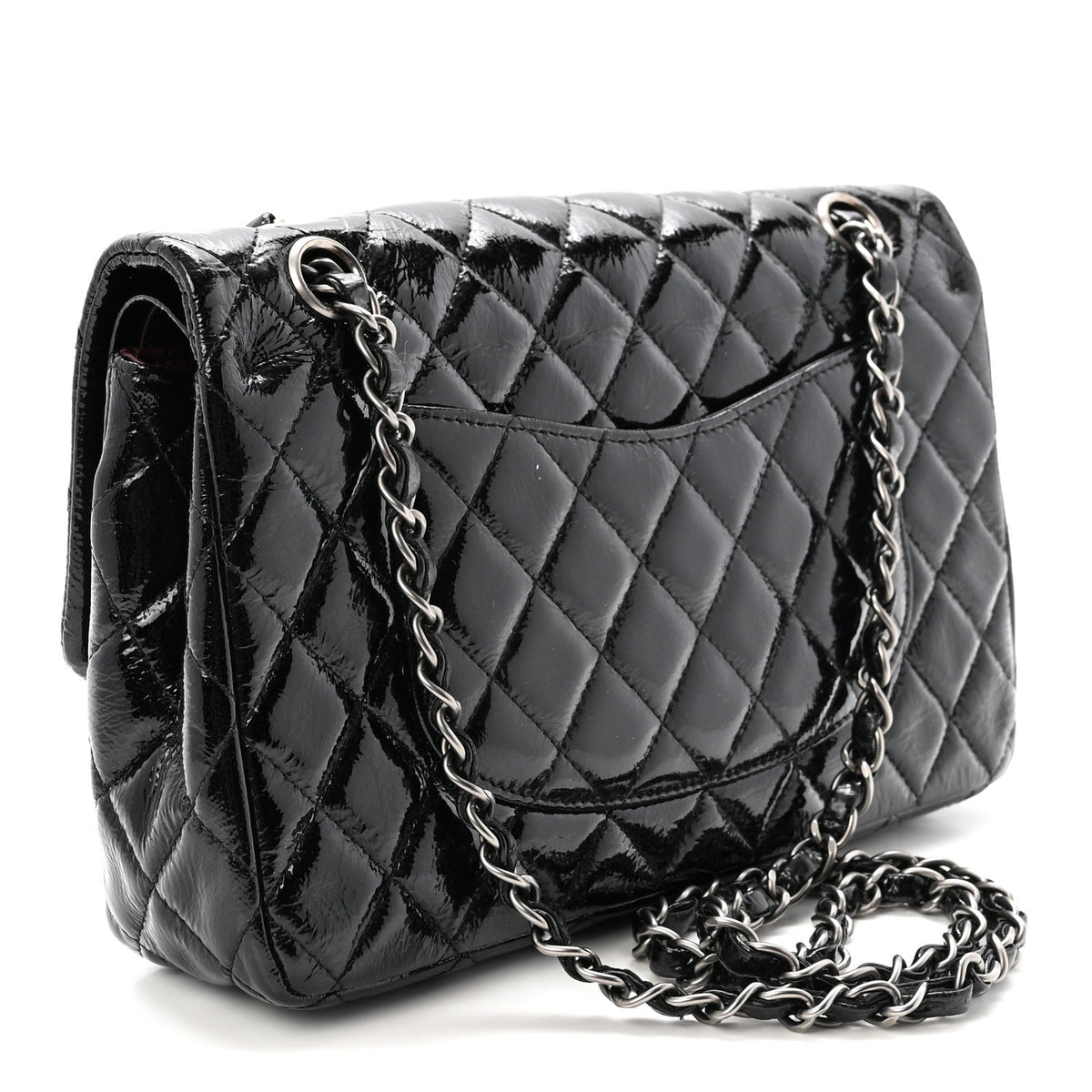 Crumpled Patent Quilted Medium Double Flap Black At My store
