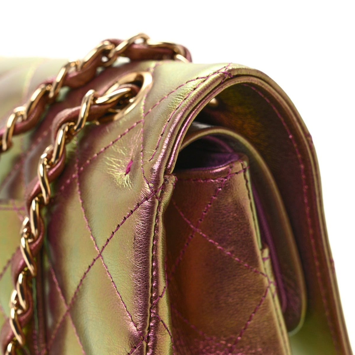 Iridescent Lambskin Quilted Medium Double Flap Purple At My store