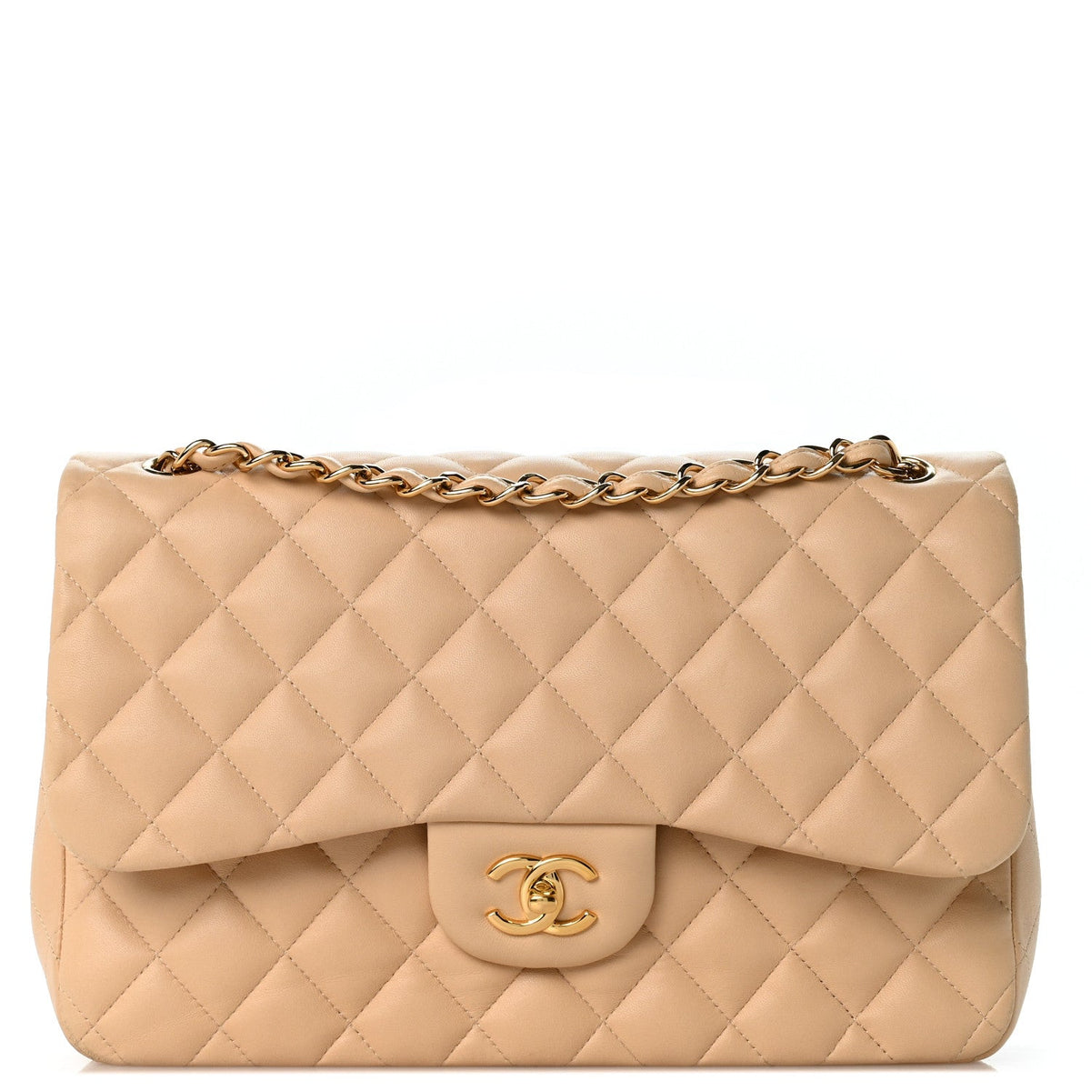 Lambskin Quilted Jumbo Double Flap Light Beige At My store