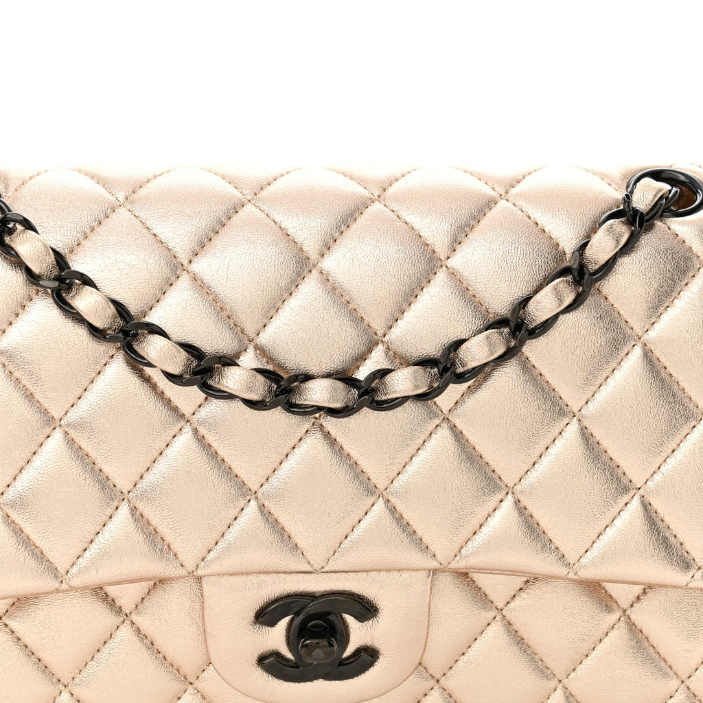 Metallic Lambskin Quilted Medium Double Flap Gold Black At My store