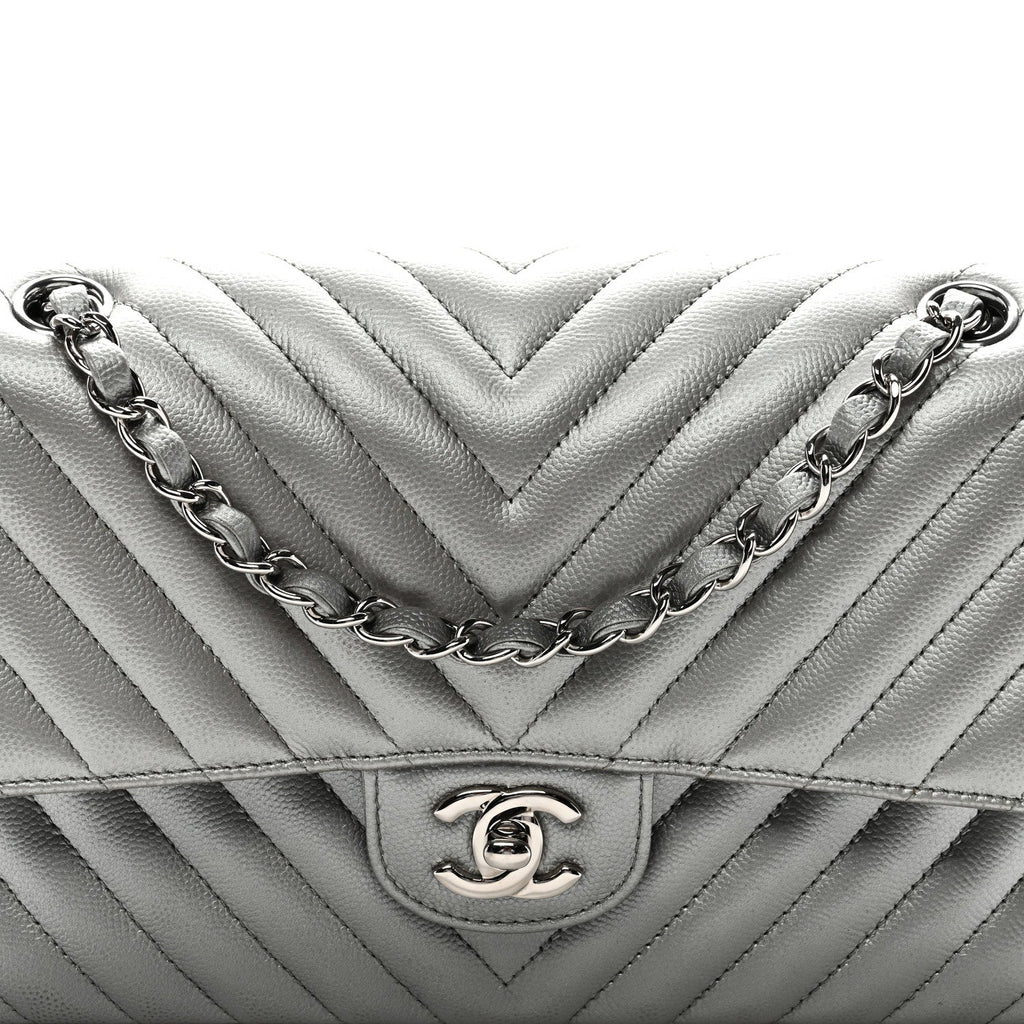 Metallic Caviar Chevron Quilted Medium Double Flap Silver At My store
