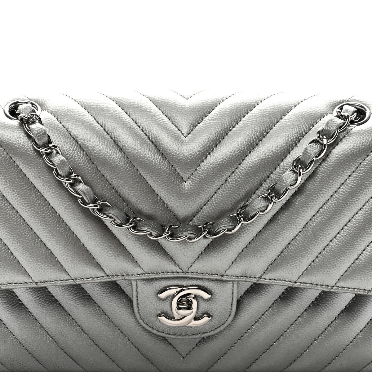 Metallic Caviar Chevron Quilted Medium Double Flap Silver At My store