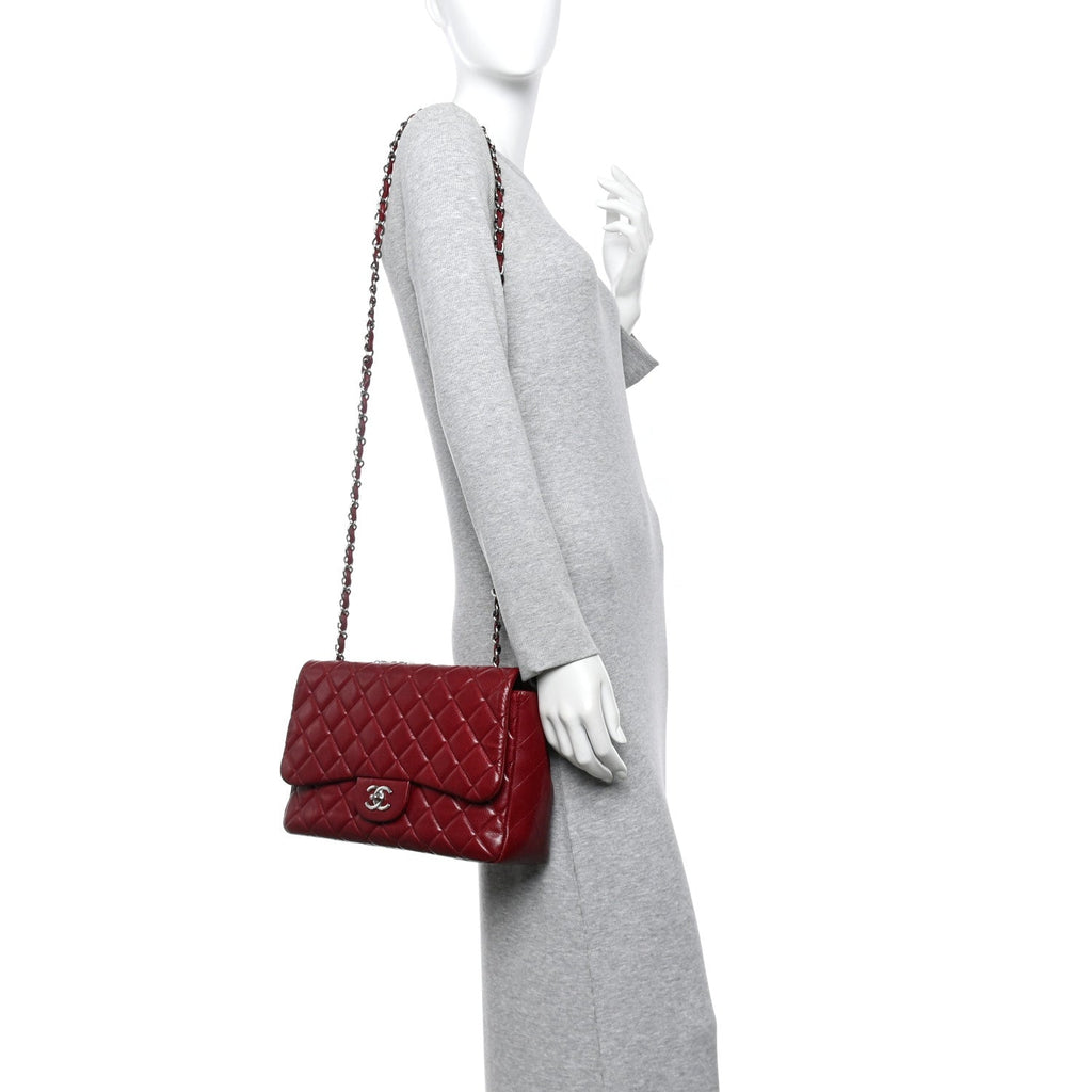 Caviar Quilted Jumbo Double Flap Dark Red At My store