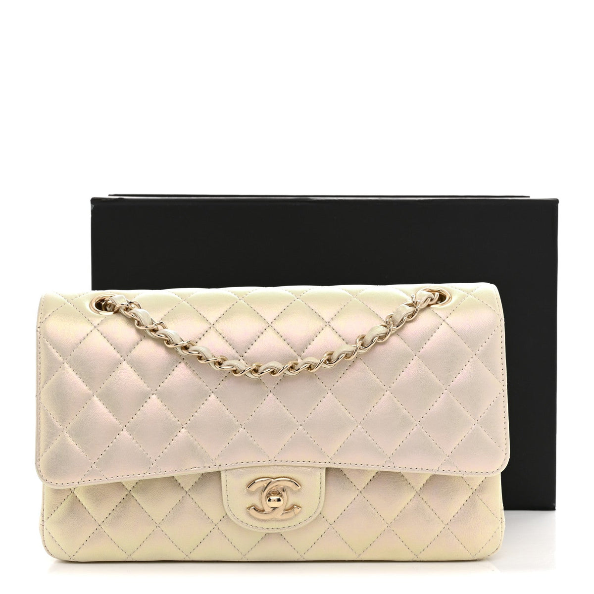 Iridescent Lambskin Quilted Medium Double Flap Ivory At My store