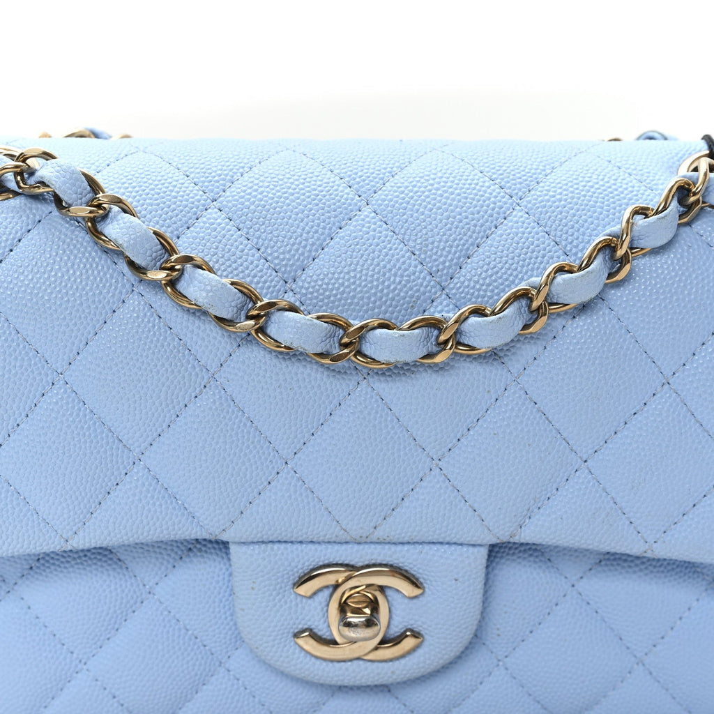 Caviar Quilted Small Double Flap Light Blue At My store