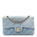 Printed Denim Quilted Small Double Flap Light Blue At My store
