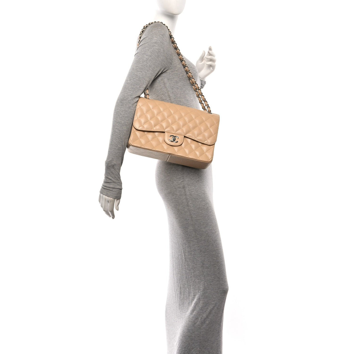 Caviar Quilted Jumbo Double Flap Beige At My store