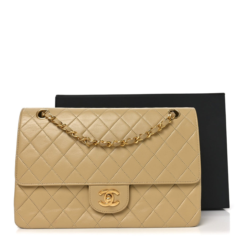 Lambskin Quilted Medium Double Flap Beige At My store