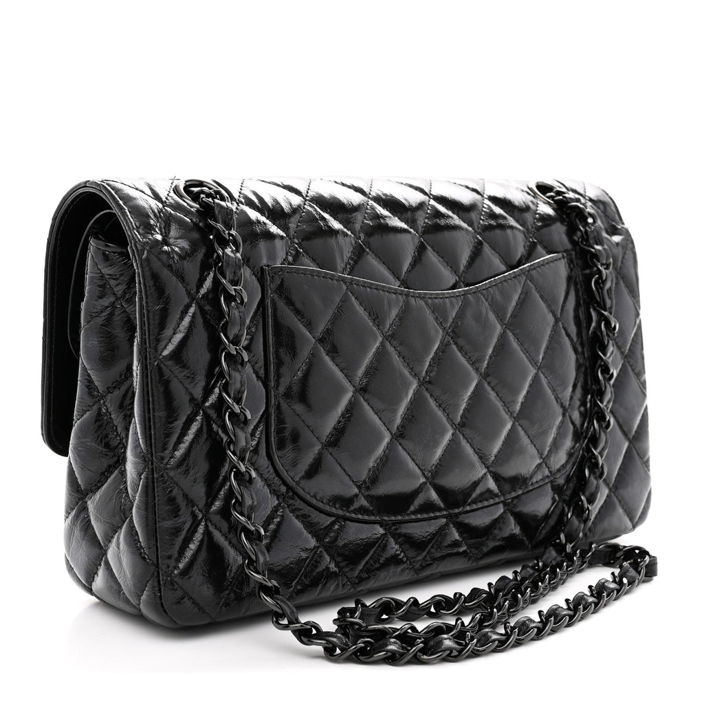 Shiny Crumpled Calfskin Quilted Medium Double Flap So Black At My store