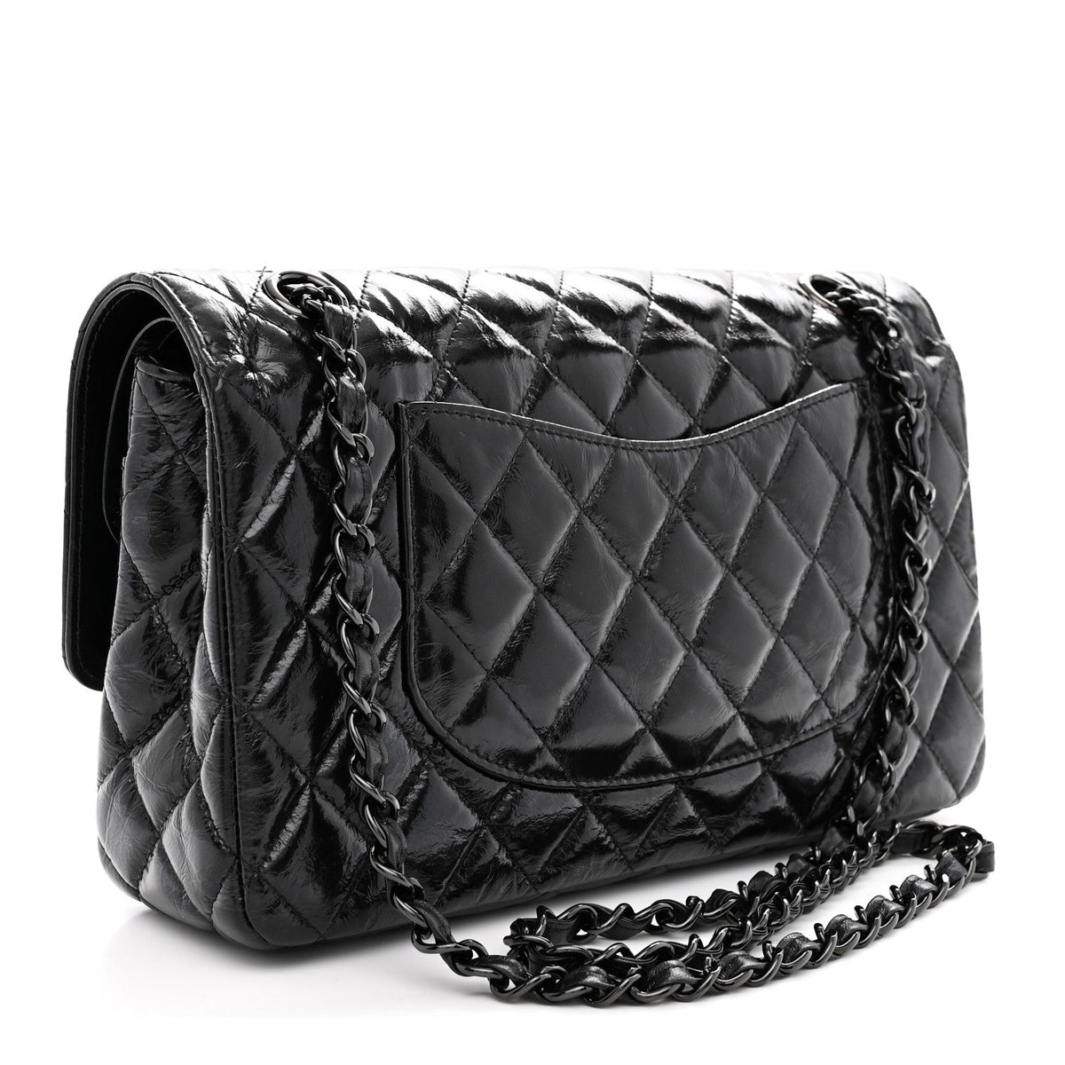 Shiny Crumpled Calfskin Quilted Medium Double Flap So Black At My store