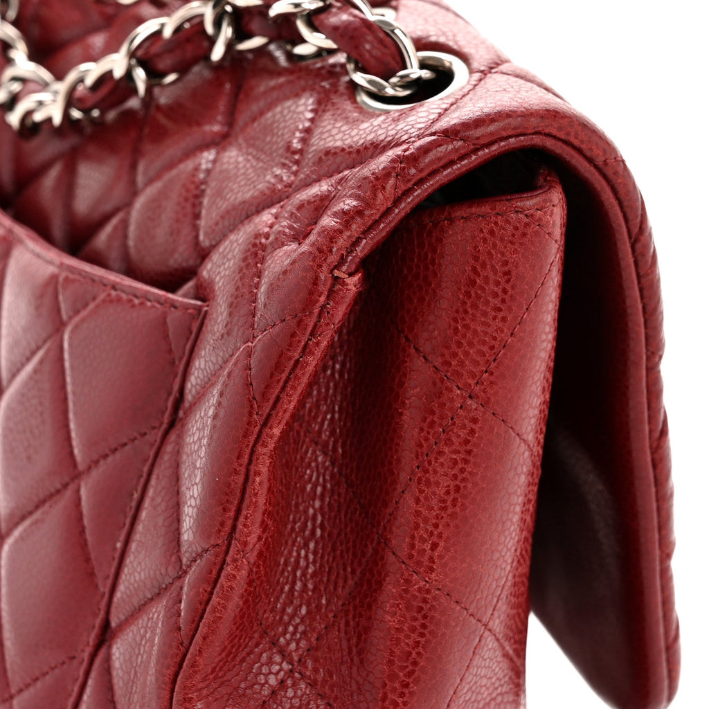 Caviar Quilted Jumbo Double Flap Dark Red At My store