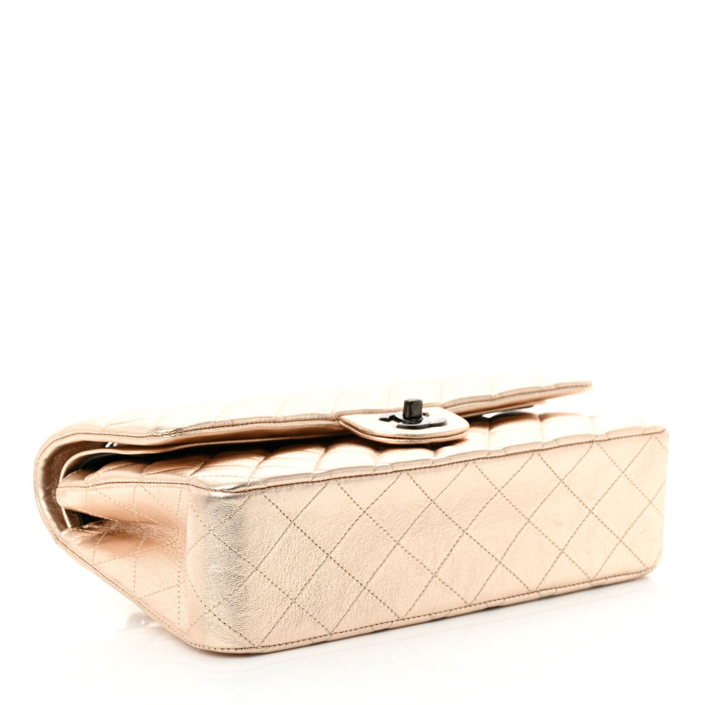 Metallic Lambskin Quilted Medium Double Flap Gold Black At My store