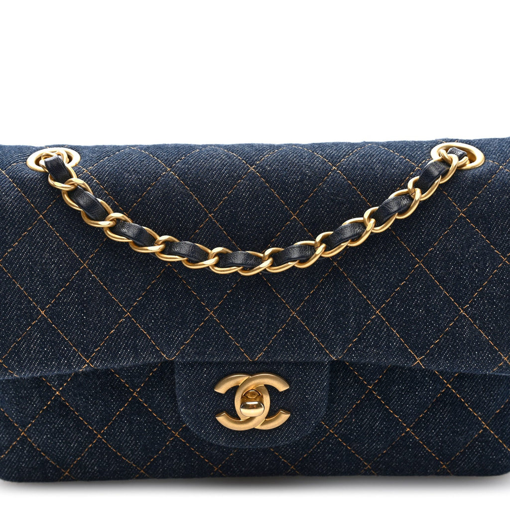 Denim Quilted Small Double Flap Dark Blue Orange At My store
