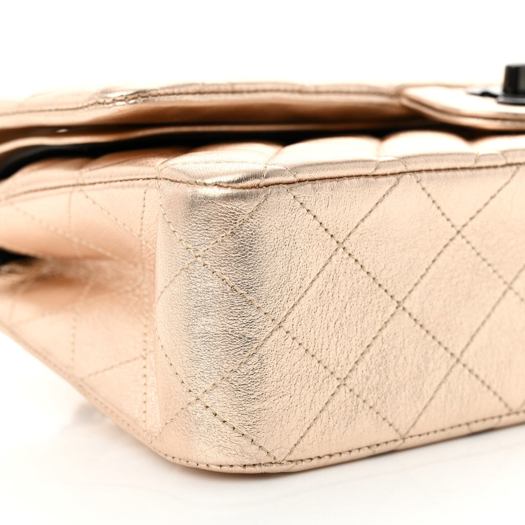 Metallic Lambskin Quilted Medium Double Flap Gold Black At My store