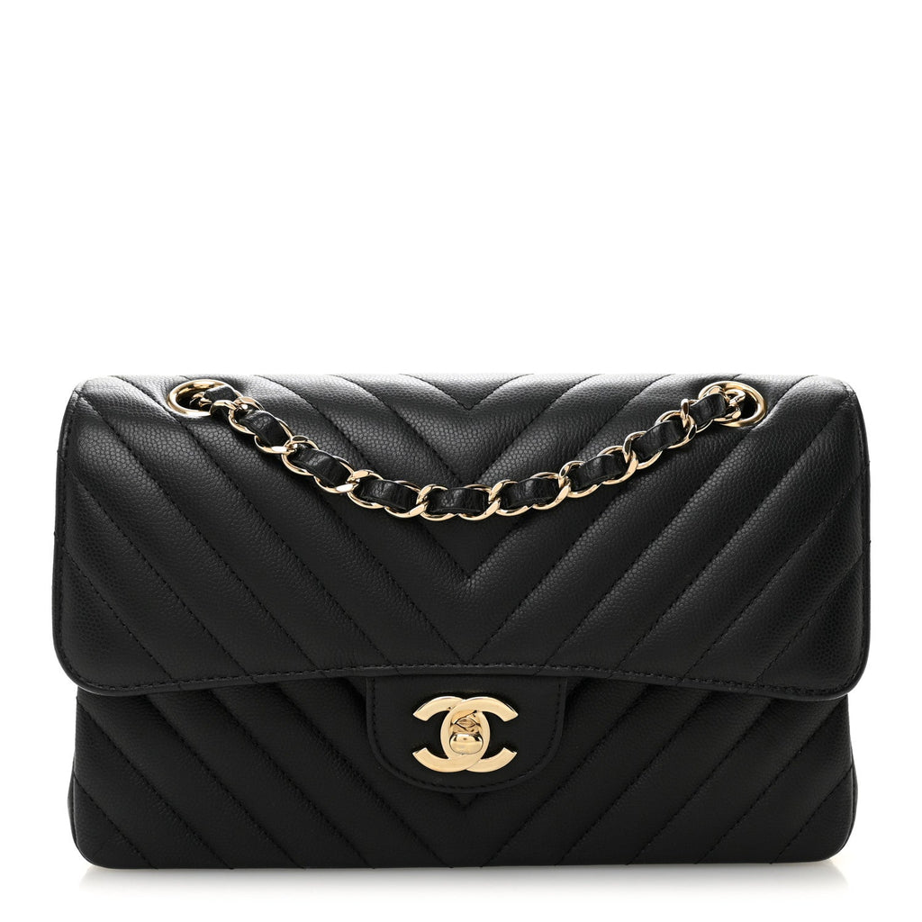 Caviar Flat Chevron Quilted Small Double Flap Black At My store