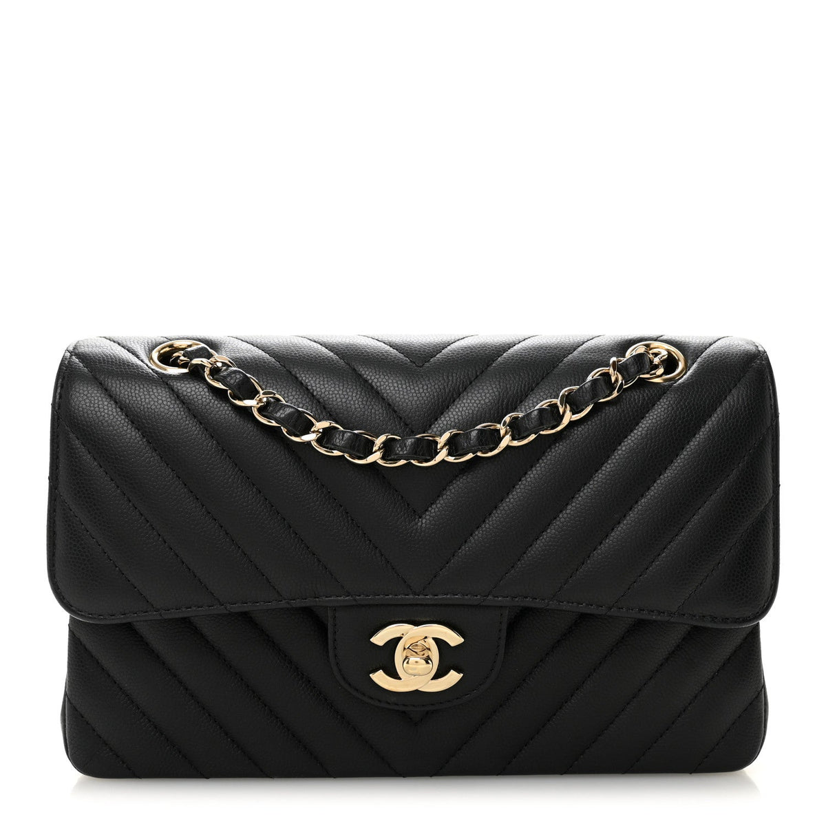 Caviar Flat Chevron Quilted Small Double Flap Black At My store