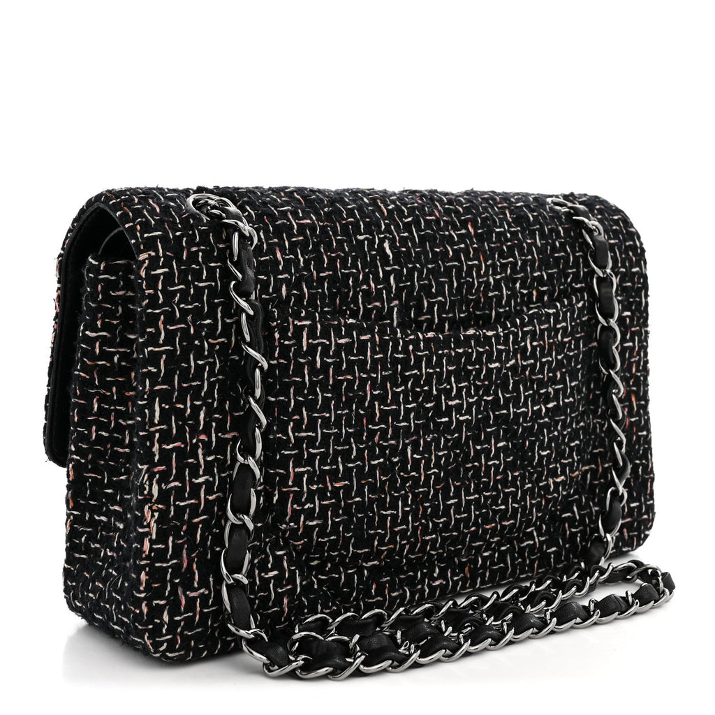 Tweed Quilted Medium Double Flap Black At My store