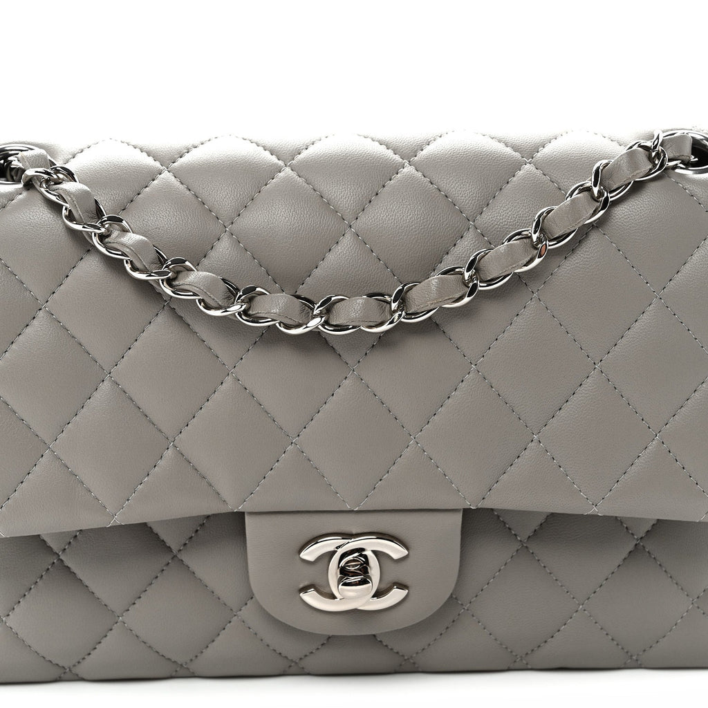 Lambskin Quilted Medium Double Flap Grey At My store