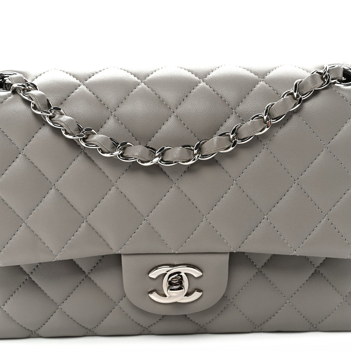 Lambskin Quilted Medium Double Flap Grey At My store