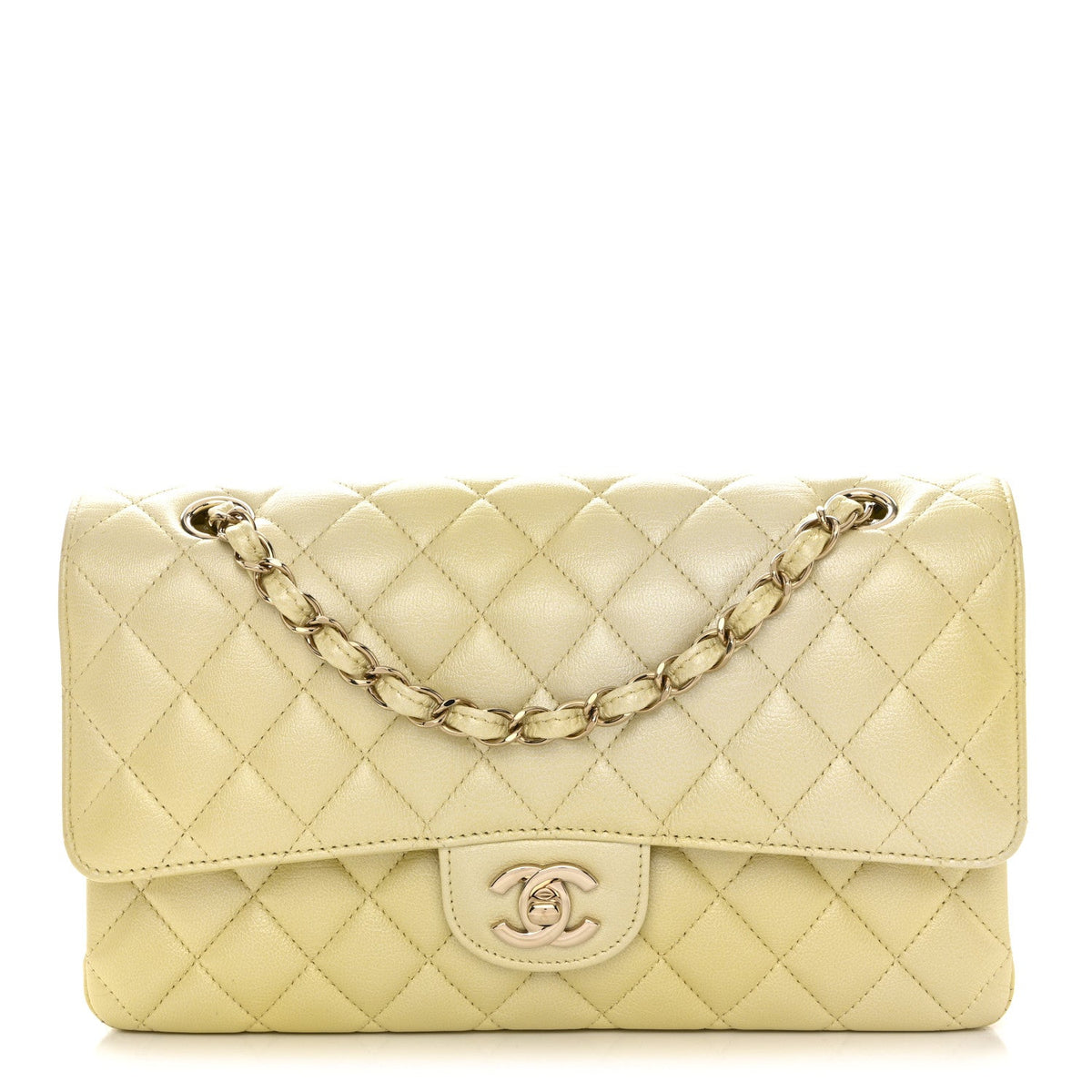 Cloudy Pearly Goatskin Quilted Medium Double Flap Light Yellow At My store