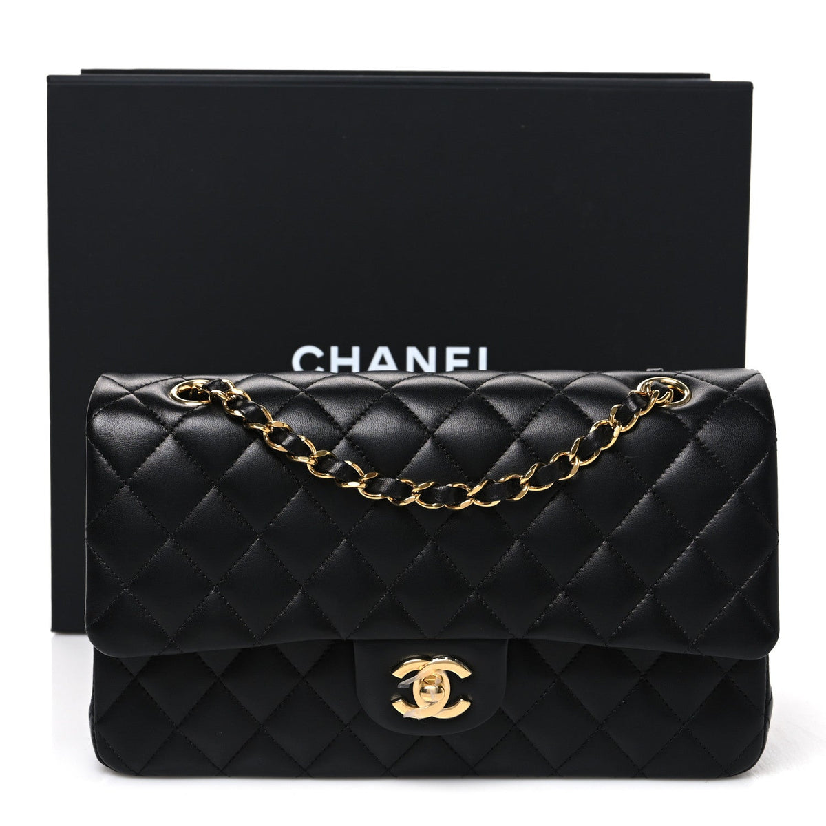 Lambskin Quilted Medium Double Flap Black At My store