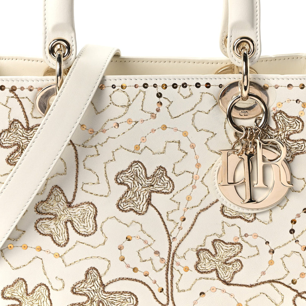 Smooth Calfskin Sequin Embroidered Clover Medium Lady Dior White AT My store