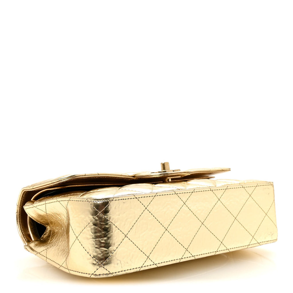 Hammered Metallic Calfskin Quilted Small Double Flap Gold At My store