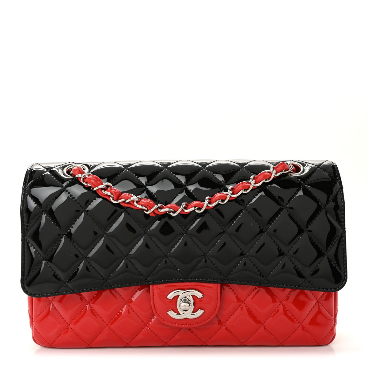Patent Calfskin Quilted Bi-Color Medium Double Flap Black Red At My store