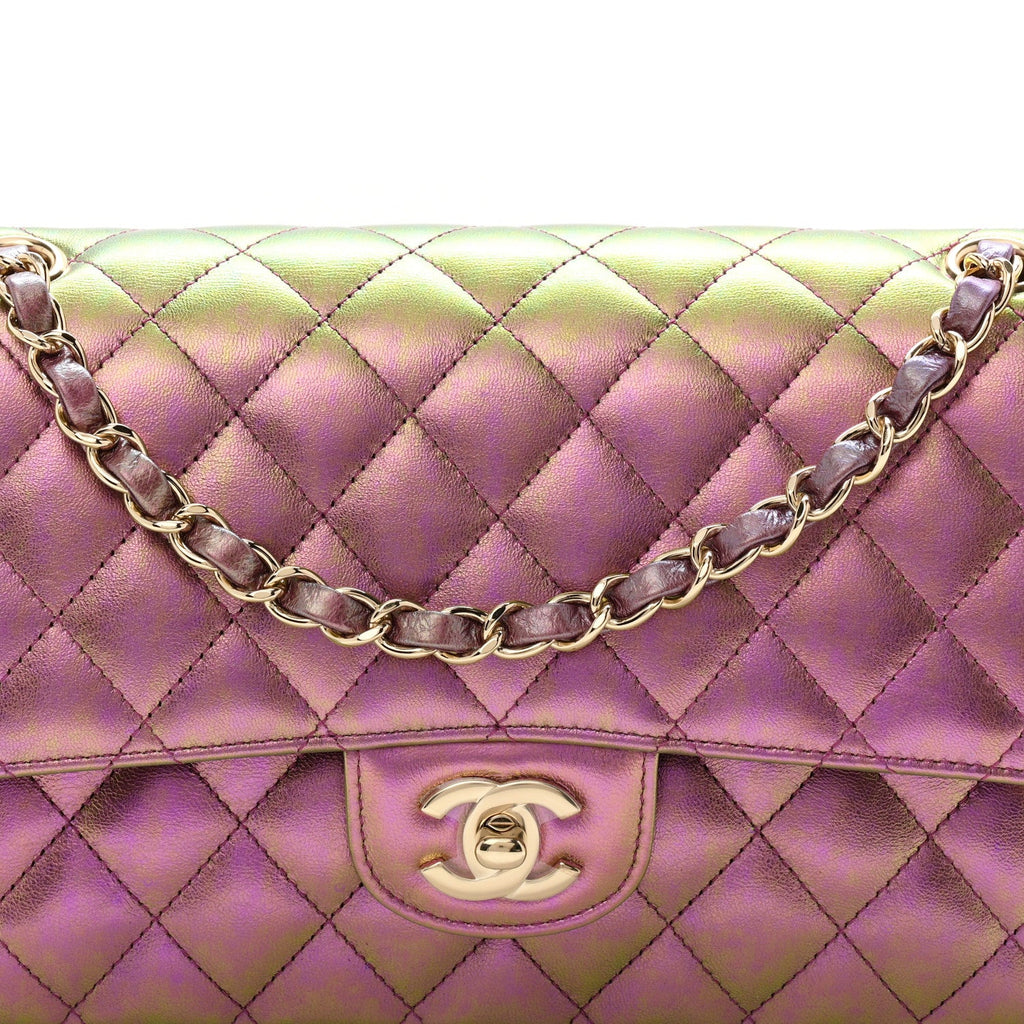 Iridescent Lambskin Quilted Medium Double Flap Purple At My store