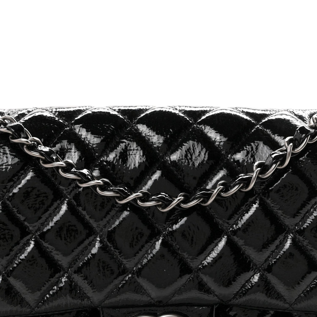 Crumpled Patent Quilted Medium Double Flap Black At My store