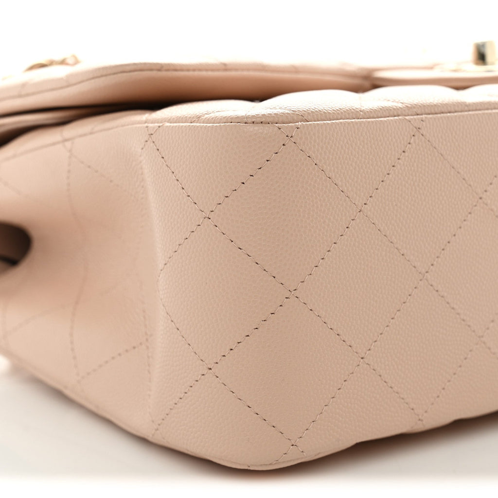 Caviar Quilted Jumbo Double Flap Light Beige At My store