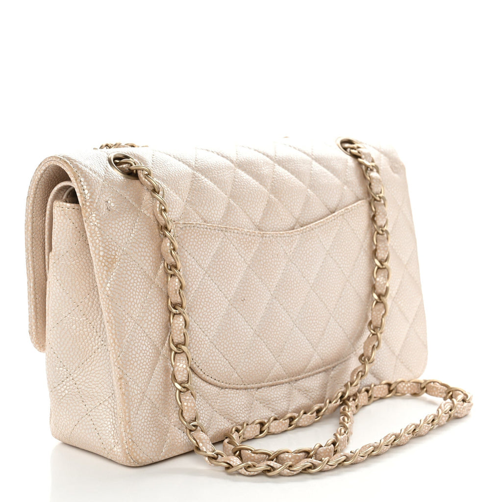 Pearly Caviar Quilted Medium Double Flap Light Beige At My store