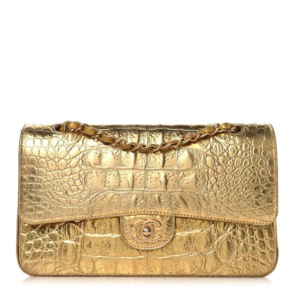 Metallic Calfskin Crocodile Embossed Cocodile Medium Double Flap Gold At My store