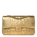 Metallic Calfskin Crocodile Embossed Cocodile Medium Double Flap Gold At My store