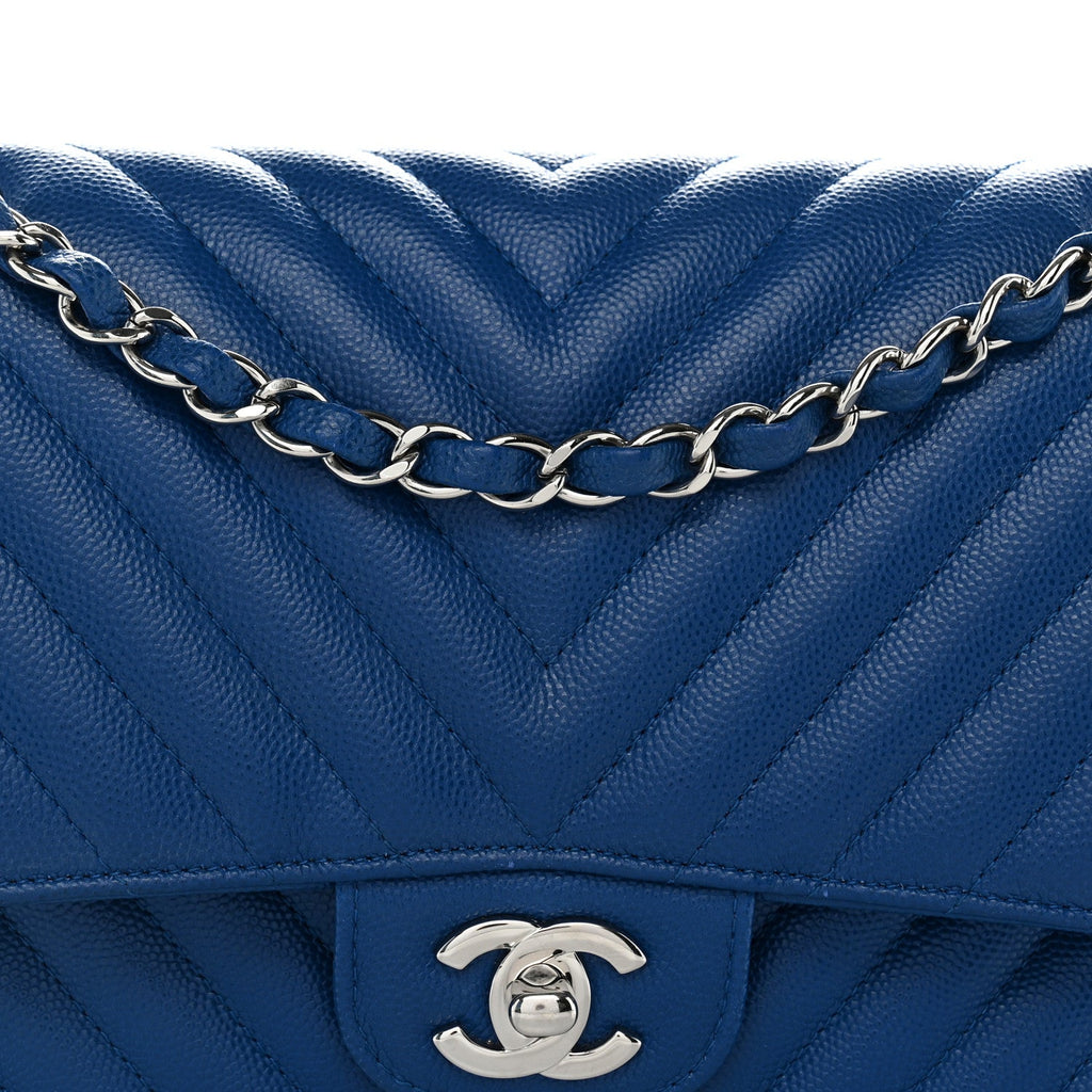 Caviar Chevron Quilted Medium Double Flap Blue At My store