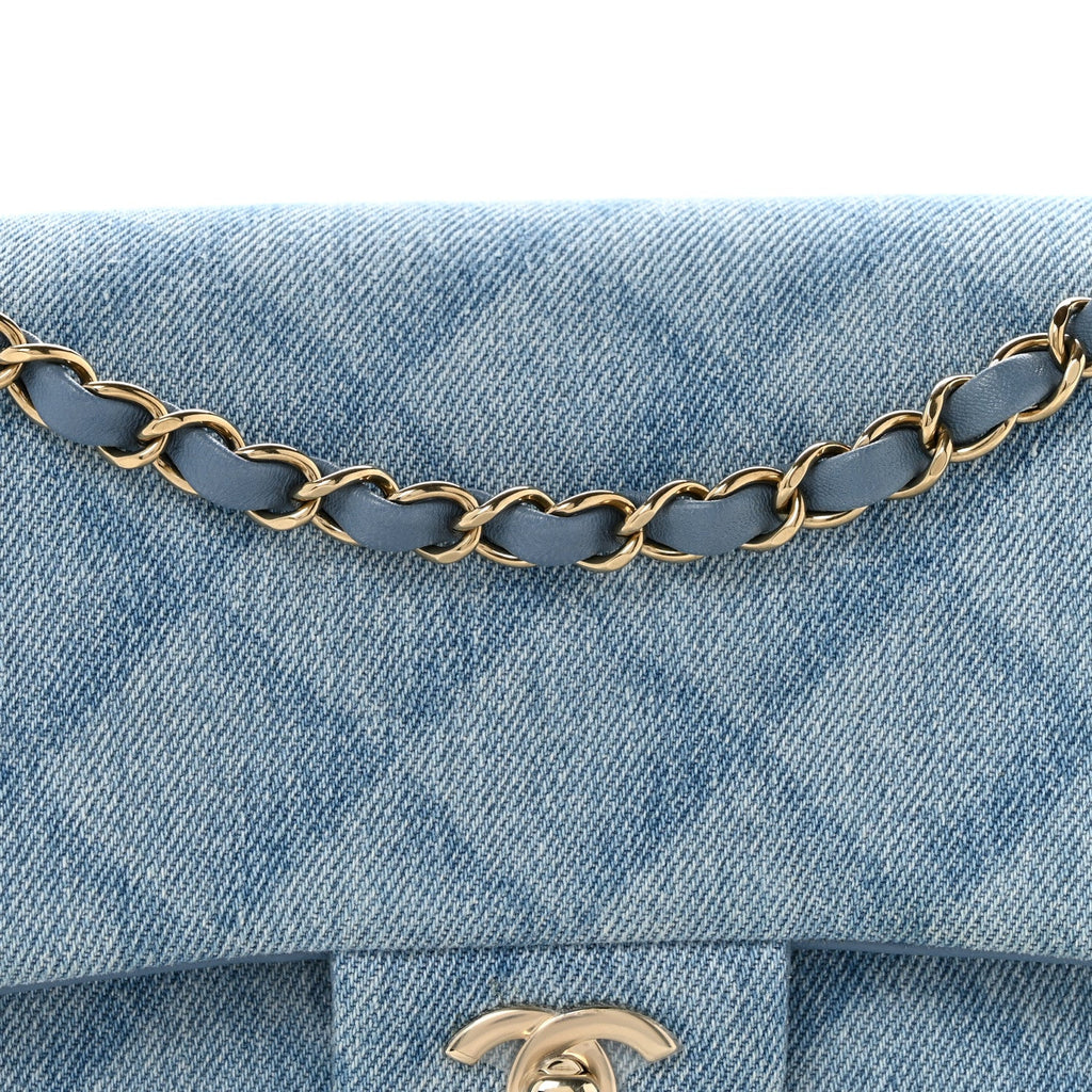 Printed Denim Quilted Medium Double Flap Light Blue At My store