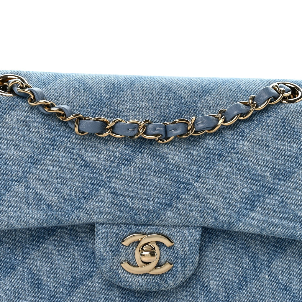 Printed Denim Quilted Small Double Flap Light Blue At My store