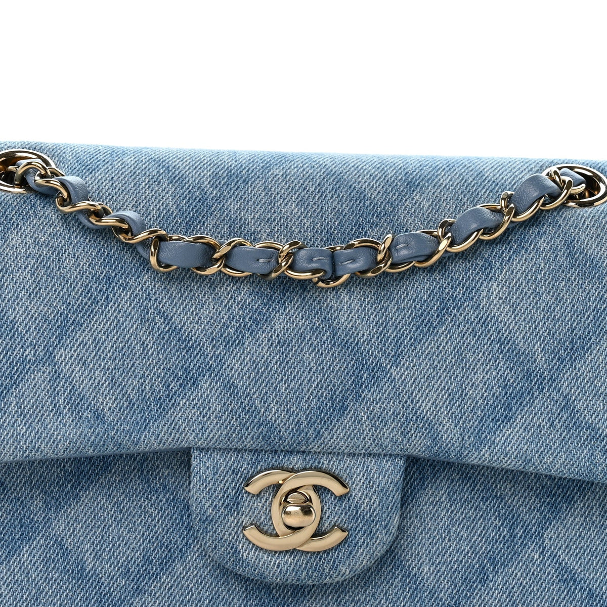Printed Denim Quilted Small Double Flap Light Blue At My store